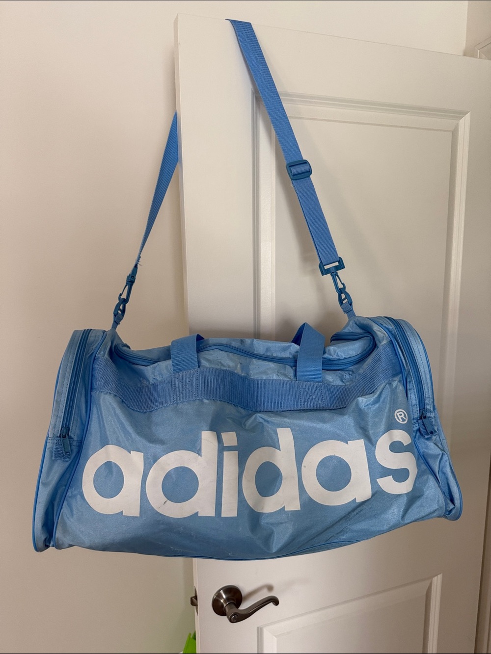 adidas Sky Blue Sports Duffle Bag with White Logo